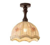 Lámpara de Techo Vintage Bordada a Mano, Pantalla de Tela Floral Festoneada con Ribete de Cuentas, Cuerpo de Maderaiza de Nogal, Luminaria de Montaje Empotrado, Lámpara de Techo Redonda, Iluminación S