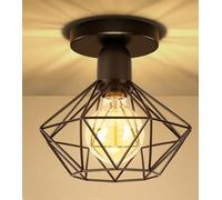 Lámpara de Techo Vintage E27 Lámpara Colgante Retro Diseño de Jaula Metal Ø20cm Iluminación de Techo de Interior Negro para Pasillo Porche Cocina Dormitorio (Sin madera-techo-1 pieza)