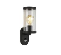 Lámpara exterior Briloner Leuchten con detector de movimiento, aplique exterior cristal, sensor crepuscular, IP44, E27, negro, 270x95x115 mm (LxAnxAl)