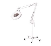 Lampara Flexo-lupa profesional con luz fluorescente 5x. Pie metalico 5 brazos con ruedas Gran estabilidad