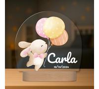 Lámpara Infantil Personalizada con Nombre y Fecha - Luz Quitamiedos LED - Regalo Bebé Recién Nacido, Bautizo o Cumpleaños - Decoración Infantil (Conejo-globos)