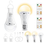 Lámpara LED E27 USB recargable 2600mAh,luz ajustable(3000K/4000K/6500K) con control remoto y temporizador.Doble uso:E27 con base o alimentación a batería,ideal para emergencias,iluminación 2 piezas