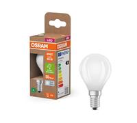 Lámpara LED OSRAM Energy Class en forma clásica de mini bola, 3,8 W / 806 lm, EEK A, luz blanca fría (4000 K), CRI 80, fabricada en vidrio esmerilado sin plomo, casquillo E14, IP20, 45 mm de diámetro.