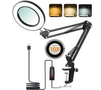 Lámpara Lupa LED 10X con Luz y Soporte,72 Leds,3 Modos de Color,10 Niveles de Brillo,Brazo Articulado Flexible,Lupa con Pinza y Base para Lectura,Costura,Reparación,Manualidades,Negro