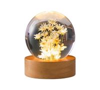 Lámpara nocturna de bola de cristal 3D de 6 cm con base de madera, lámpara de esfera de cristal con margarita perpetua para decoración de mesa del hogar, regalos de cumpleaños y Navidad (margarita