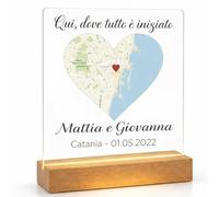 Lámpara personalizada de 15 x 15 cm con mapa del lugar del primer encuentro y beso - Placa donde todo comenzó con base de madera - Regalo Pareja, Aniversario, Mesiversario, Novio, San Valentín