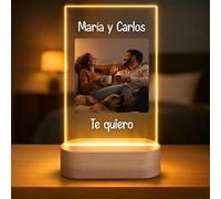Lámpara Personalizada San Valentín con Foto y Nombres - Regalo Romántico Personalizado para Pareja, Amor, 14 de Febrero - Luz LED en Placa de Metacrilato con Base de Madera