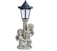 Lámpara solar de columna romana antigua, diseño de ángel arrodillado, escultura de resina resistente a la intemperie para jardín y patio, luz nocturna suave como recuerdo de amor, gris para decoración
