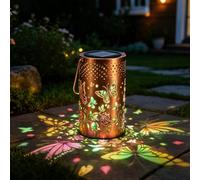 Lámpara solar para exteriores, lámparas solares de mariposas coloridas para exteriores, IP44 resistente al agua, lámpara decorativa de metal hueca con asa para colgar en terraza, césped, jardín