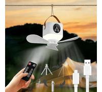 Lámpara Ventilador Techo con Luz LED, Ventilador de Techo Portátil Camping con Trípode, USB Recargable Lámpara Ventilador con Mando a Distancia, Temporizador, 3 Velocidades, para Tienda Camping Viaje