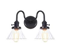 Lámparas de pared, Bañadores de pared con pantalla de cristal de doble cabeza de metal negro clásico vintage con interruptor, luminaria de aplique de dormitorio industrial retro,A