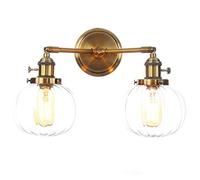 Lámparas de pared, pantalla de cristal transparente de doble cabeza Bañadores de pared de metal dorado vintage con interruptor, luminaria de aplique rústico clásico para dormitorio,E