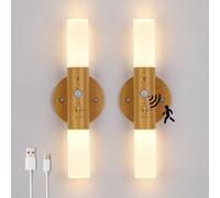 Lampop 2 PCS Lámpara de Pared de Madera con Sensor de Movimiento, Luz de pared Recargable USB con Pilas, Luz Nocturna Magnéticas Portátil para Dormitorio Pasillo Escaleras