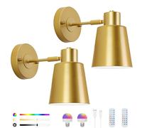 Lampop Juego de 2 luces de pared que funcionan con pilas, luz de pared dorada recargable, bombillas regulables con 15 colores de iluminación, aplique de pared inalámbrico para interior, dormitorio