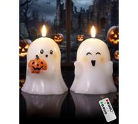 Lamptobe 2 Pcs Velas LED de Fantasma Halloween con Remoto y temporizador | Fantasma Pumpkin Candle Sin Llama,Velas Calabaza Cera Real a Pilas,Regalo Decoración para Halloween Otoño Hogar Granja Mesa