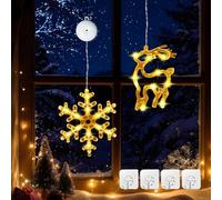 Lamptobe 2 Piezas Luces Navidad Ventana Copo de Nieve y Alce - Blancas Cálidas Luz Cortina LED con Ventosa Luces de Navidad a Pilas con Función de Temporizador y 2 Modos para Decoración