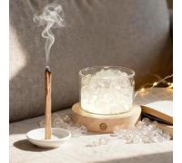 Lamptobe Lámpara de Cuarzo Blanco Piedra Natural Sanadores con Palo Santo y Base Madera, Regalo Limpieza Energética Cuarzo Transparente para Mujeres Chakras y Reiki Espiritual Meditación Hogar Oficina