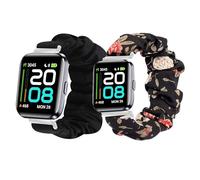 Lamshaw Correas Compatible con Tensky Smartwatch ID208 Plus-1.8",Correa Elástica Ajustable Recambio Scrunchie para Mujeres y Hombres (Negro + flor negra)