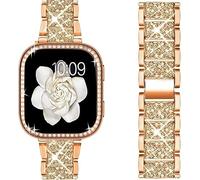 Lamshaw Pulsera de acero inoxidable premium y funda protectora compatible con Amazfit Bip 6 - Correa metálica rápida con diseño bling y cubierta de PC para Amazfit Bip 6 46mm (Oro Rosa)