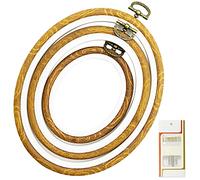 LAMXD Juego de aros de bordado redondos ovalados de madera de imitación de 3 tamaños, anillos de aro de punto de cruz para manualidades, incluye 16 agujas de coser de ojo dorado