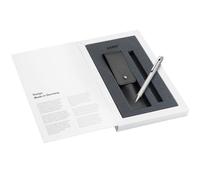Lamy Juego de 1 bolígrafo Econ 240 de acero inoxidable cepillado y 1 funda de piel en color negro para un instrumento de escritura, incluye mina grande M 16 negra, ancho de trazo M