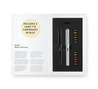 Lamy safari multicolor set de plumas estilográficas - 2 plumas estilográficas en all black & all white - con 2 cartuchos de tinta azul, 12 anillos de colores intercambiables y caja de regalo