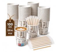 LAN&LAN Vasos Cafe Desechables con Palitos de Madera - Vasos de Papel Antifugas Estampado de Letras para Hostelería y Eventos (100, 120ml)
