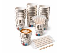 LAN&LAN Vasos Cafe Desechables con Palitos de Madera - Vasos de Papel Antifugas Estampado de Letras para Hostelería y Eventos (200, 200ml)