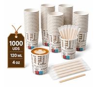 LAN&LAN Vasos Cafe Desechables con Palitos de Madera - Vasos de Papel Antifugas Estampado de Letras para Hostelería y Eventos (1000, 120ml)