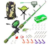Lanaak Caña de pescar y caja de aparejos para niños principiantes, con mochila de camuflaje, red, carrete y guía para principiantes, kit de caña y carrete para niños, niñas o jóvenes (verde camuflaje)