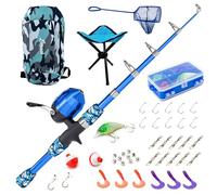 Lanaak Caña de pescar y caja de aparejos para niños principiantes, con mochila de camuflaje, red, carrete y guía para principiantes, kit de caña y carrete para niños, niñas o jóvenes (azul camuflaje)