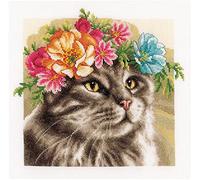 LANARTE Kits De Punto De Cruz Contado Completo Arte De Pared DIY MAINE COON CON CORONA DE FLORES Set Manualidades Adultos Set Decoracion Salon Creativo Regalo ca. 29 x 29 cm Cross Stitch