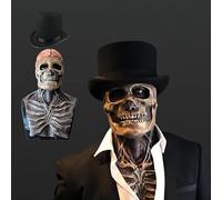 Lanckeli Máscara de Calavera de Halloween con Mandíbula Móvil, Cráneo Espeluznante, Máscara de Látex para Adultos. (A1 - Gris + Rojo + Gorra)