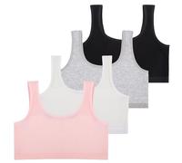 Lancry 4 camisetas cortas de algodón suave para niñas de 7 a 12 años, brasier deportivo sin relleno sin aros, Negro, blanco, gris y rosa, Talla única