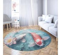 LANDERSION Alfombra 3D Acuarela koi Fish Lotus 150cm Alfombras Redondas Modernas Estilo japonés moqueta estética Lavable sin muda Dormitorio salón