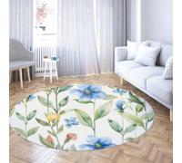 LANDERSION Alfombra Circular Antideslizante Lavable 240cm Alfombra Redonda Zona Redonda Flor Floral Azul salón Acuarela alfombras Flores botánicas Hoja Suave Fina Alfombra Interior Dormitorio Comedor