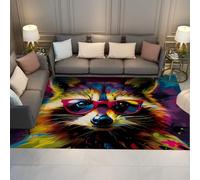 LANDERSION Alfombra de Mapache Colorida para salón 90x120cm Alfombras de Dormitorio con diseño de Animales con Grafiti felpudos Antideslizantes Alfombra Suave para Interior Lavable para la Entrada