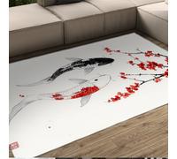 LANDERSION Alfombra Peces koi Animales japoneses Tinta Tradicional Floral Rojo Flor Cerezo Alfombras Suave Pelo bajo para Estudio Oficina 180x240cm