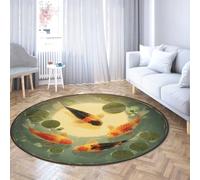 LANDERSION Alfombra pez koi 200cm Alfombras Redondas Cocina círculo japonés Sala Estar Alfombra Oriental Lavable Comedor Oficina casa Luna Llena Estanque Ondas Agua Esterilla Pelo bajo