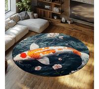 LANDERSION Alfombra Redonda 80cm Lotus Pond Rosa koi Peces Lavables Alfombra Circular diseño Moderno Antideslizante Suelo Interior Alfombra Respaldo Antideslizante Dormitorio Sala Juegos