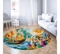 LANDERSION Alfombra Redonda cubista Abstracta 120cm Felpudo de Puerta Estilo Moderno de Mediados de Siglo Mito costero y velero alfombras de Arte Colorido Alfombra Suave Lavable para salón