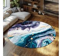 LANDERSION Alfombra Redonda de Lujo Art 200cm Tapete de Puerta con Textura de mármol Turquesa Abstracto Alfombra Lavable Antideslizante de Pelo bajo y Plegable Fina para Sala de Juegos