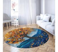 LANDERSION Alfombra Redonda Lavable 140cm Tree of Life círculo Interior alfombras Dormitorio Antideslizantes Alfombra Pelo bajo salón decoración Juegos fantasiosa Floral Blue Hills bohemi Trona