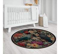 LANDERSION Alfombra Redonda pájaro Floral 240cm Alfombras Circulares Lavables salón Antideslizantes Retro Bohemias Dormitorio casa Campo Comedor Flores Flor estética decoración hogar Pelo bajo