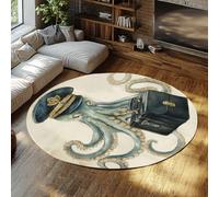 LANDERSION Alfombra Redonda Pulpo con Temas Animales submarinos Alfombra Puerta Lavable No se desprende Antideslizante Suave Alfombras Circular Pelo bajo para Dormitorio Oficina 140cm