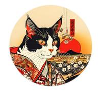 LANDERSION Alfombras Circulares Estilo Ukiyo-e 160cm Alfombra Redonda Lavable Kimono japonés patrón Gato Alfombra roja Sol Fuji Antideslizante Gran Alfombra Circular Sala Estudio balcón Comedor