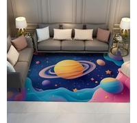 LANDERSION Alfombras Espacio Exterior 140x200cm Universo Temática Sistema Solar Planeta Alfombra Cielo Estrellado Azul Dibujos Animados Zona Guardería Tapete para Dormitorio Decoración Alfombra Suelo