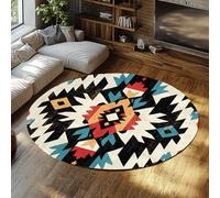 LANDERSION Alfombras Redondas Boho abstractas Tribal Azul Negro Patrón geométrico Alfombra Piso Interior Antideslizante Alfombra círculo Suave para Dormitorio Granja 90cm