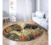 LANDERSION Alfombras Redondas japonesas Ukiyo-e 90cm Alfombras Antideslizantes Lavables Dormitorio Geisha Vintage Mujer Leopardo Alfombra Suave Pelo bajo salón Comedor Dormitorio decoración hogar