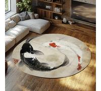 LANDERSION Alfombras Redondas Lavables 80cm Tema Tradicional Oriental Pintura Tinta pez koi Alfombra Antideslizante Redonda Japonesa Ultrafina Suave Grande círculo salón Dormitorio Cocina guardería